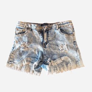Gogo Jeans Acid Wash Distressed Raw Hem Denim Shorts Juniors Size 15 / Womens 12